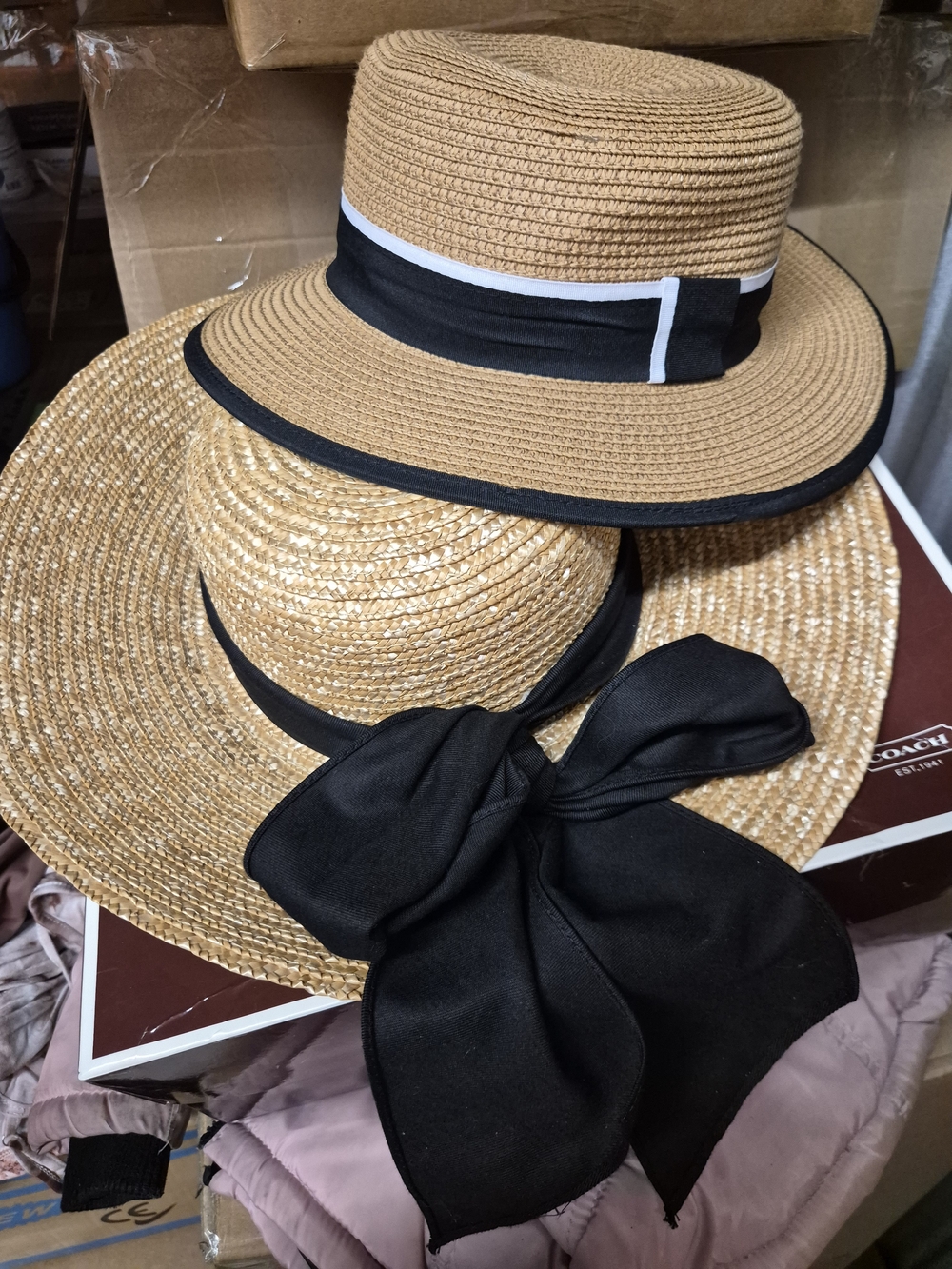 Tan Straw Sun Hat with Black Ribbon Accent